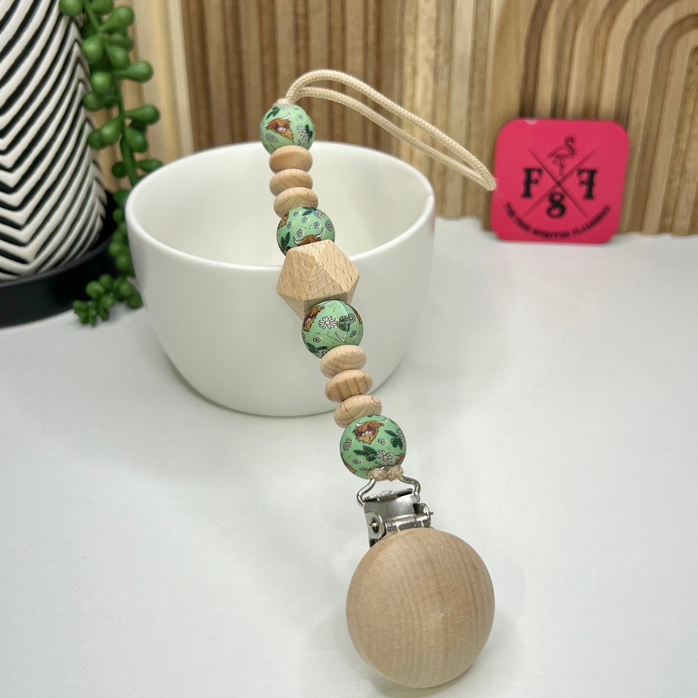 Floral Highland Wood Pacifier Clip